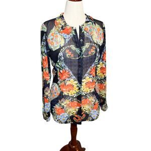 CAbi Amour semi sheer navy with floral pattern long sleeve button up blouse Sz S